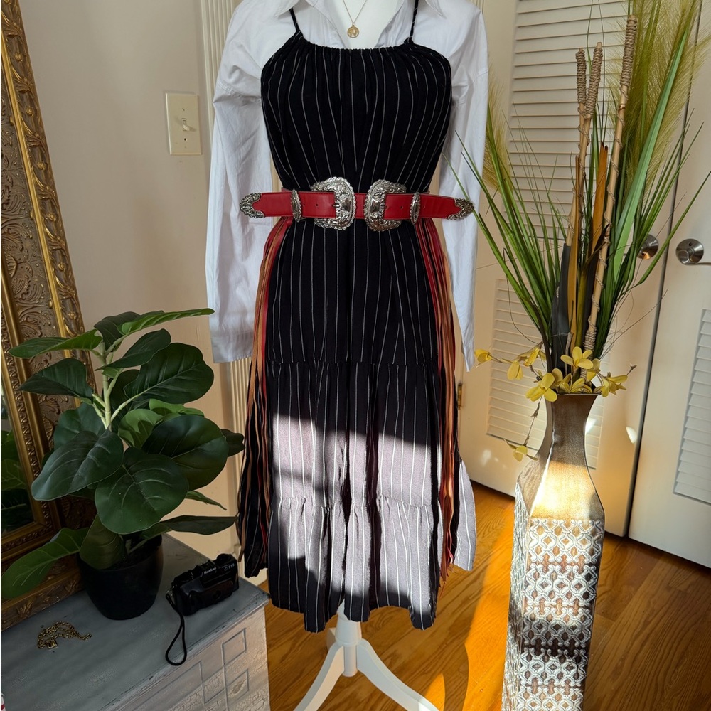 dip Black and White Striped Midi Dress with Red Belt